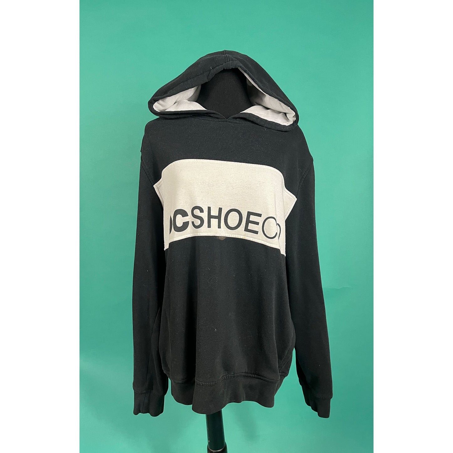 Vintage 90s DC Skate Company Big Stripe Black and White Graphic Skater Hoodie Sweater size Large