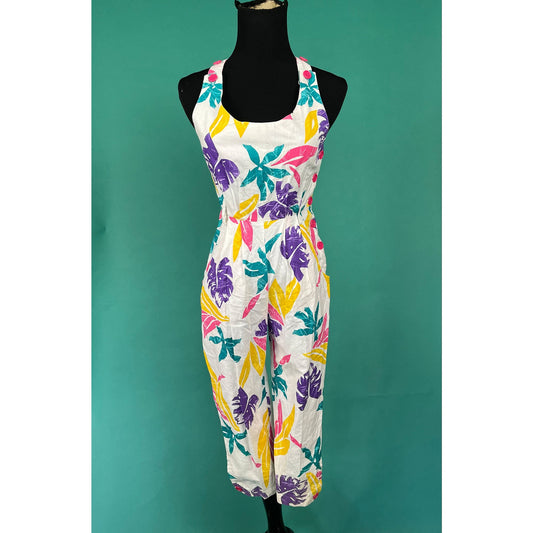 Vintage 80s Bright Palm Leaf Tropical Side Button Pocketed Thick Strap Suspender Big Joni Blair Jumpsuit size 3