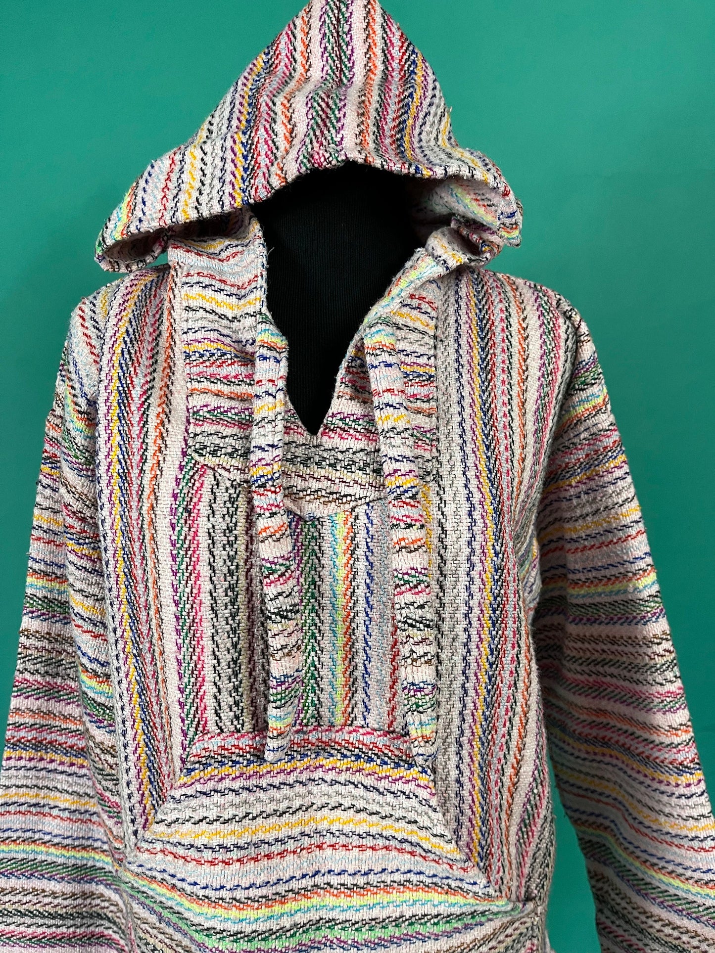 Vintage 90s Pastel Striped Surfer Mexican Blanket Pocketed Pullover Drawstring Hoodie size Medium