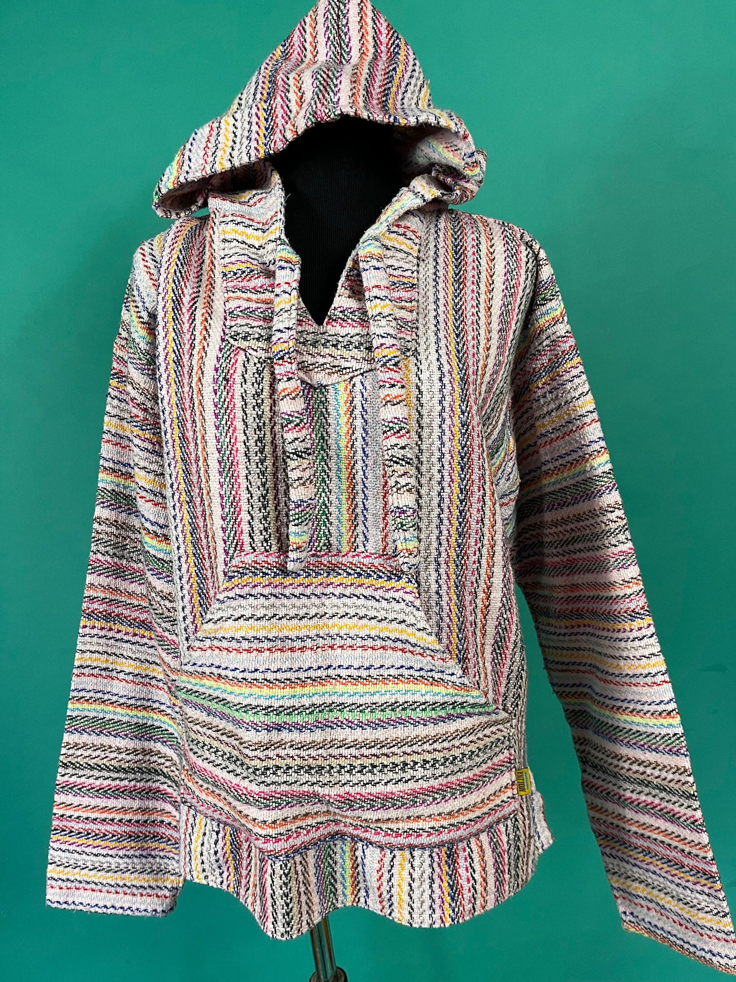 Vintage 90s Pastel Striped Surfer Mexican Blanket Pocketed Pullover Drawstring Hoodie size Medium