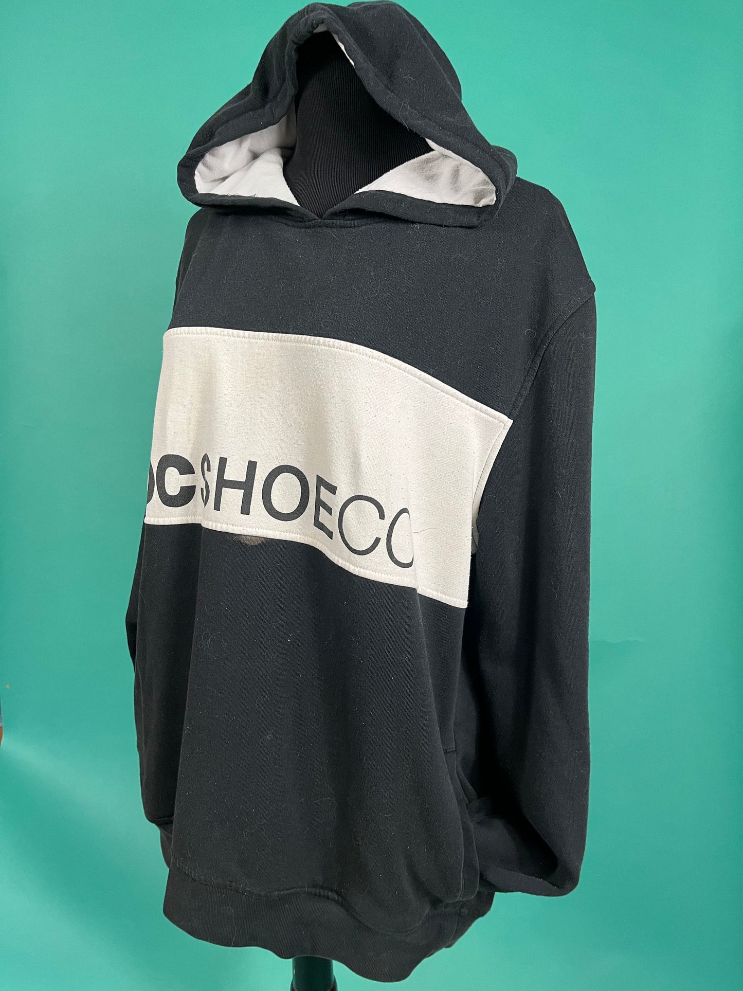 Vintage 90s DC Skate Company Big Stripe Black and White Graphic Skater Hoodie Sweater size Large