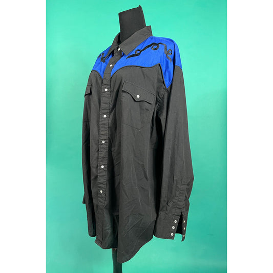 Vintage 90s Black and Navy Embroidered Swirl Long Sleeve Snap Pocketed High Noon Button Up Western Top size 2XL