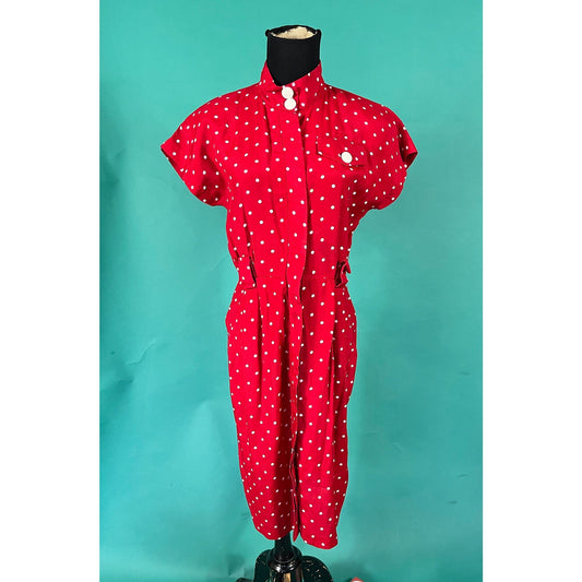 Vintage 80s Red Polka Dot Decorative Button Up Secretary High Collar Pocket Bodycon Dress size Medium