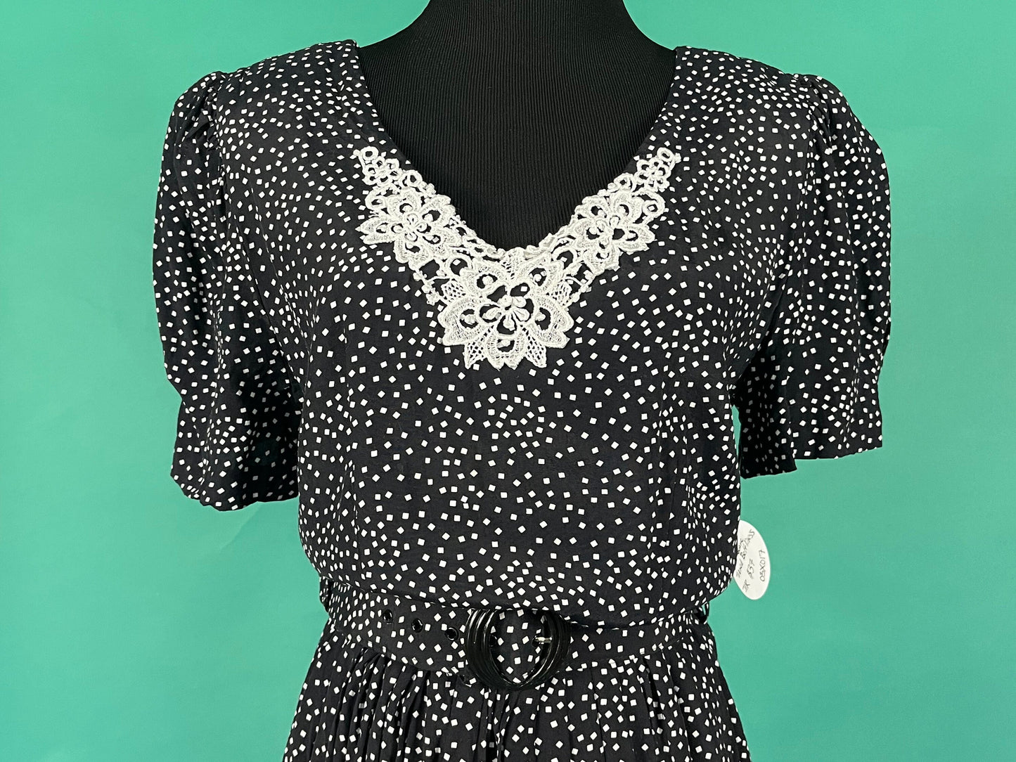 Vintage 90s Lace Applique Square Dot Pleated Skirt Belted Madison Wells Collection Dress size 7 8