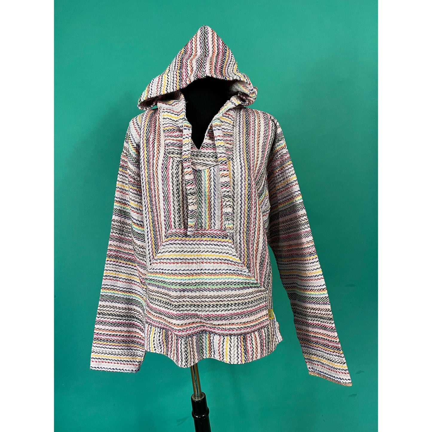 Vintage 90s Pastel Striped Surfer Mexican Blanket Pocketed Pullover Drawstring Hoodie size Medium