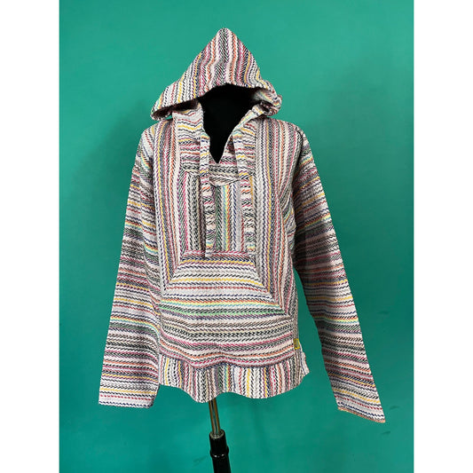 Vintage 90s Pastel Striped Surfer Mexican Blanket Pocketed Pullover Drawstring Hoodie size Medium