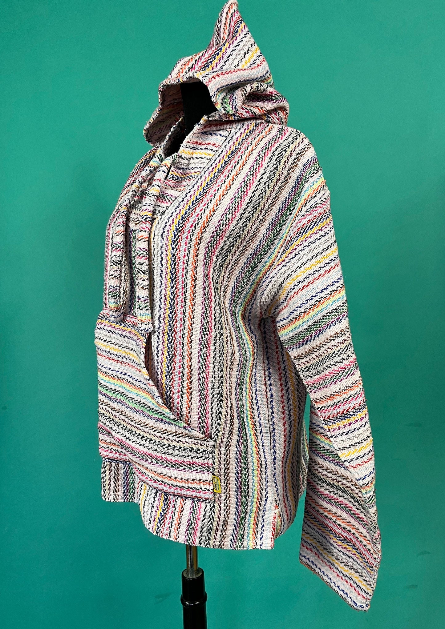 Vintage 90s Pastel Striped Surfer Mexican Blanket Pocketed Pullover Drawstring Hoodie size Medium