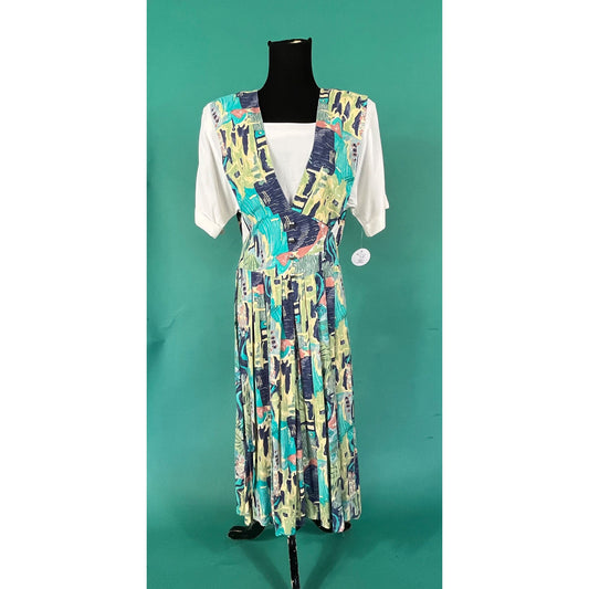 Vintage 90s Abstract Pastel Pattern Vested Cuffed Sleeve Midi Pleat Ms Choice Dress size 8