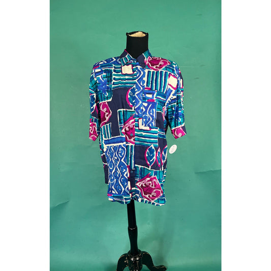 Vintage 80s Jewel Toned Michele Leslie Abstract Short Sleeve Pocket Collared Button Up Blouse