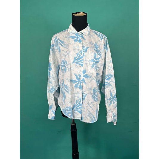 Vintage 80s Baby Blue Tropical Palm Leave Lee Collared Batwing Quarter Sleeve Pocketed Button Up Blouse size 14