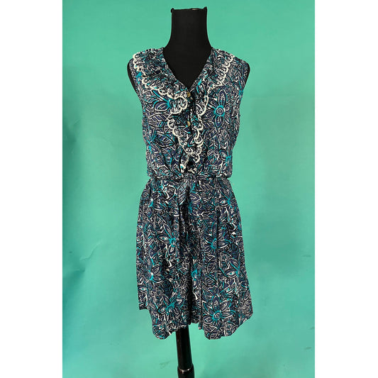 Vintage 90s Teal and Navy Outfit Flower Graphic Print Short Set Sleeveless Ruffled Button Up Tie Shirt High Waist Pocket AJ Brandon Shorts