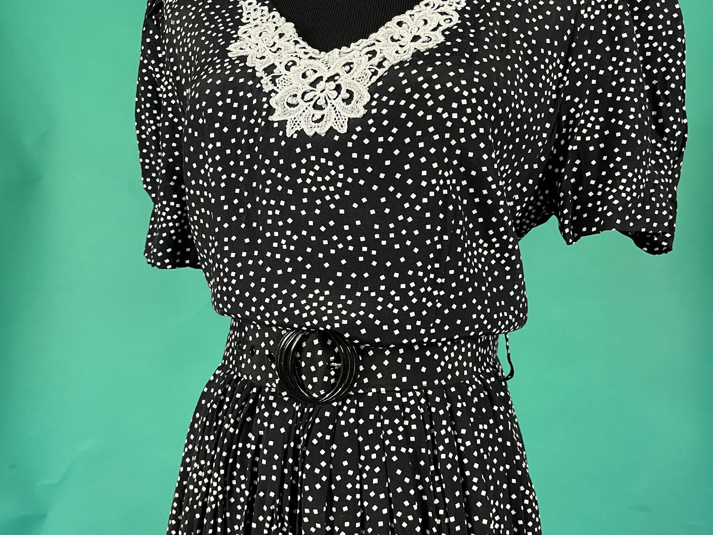 Vintage 90s Lace Applique Square Dot Pleated Skirt Belted Madison Wells Collection Dress size 7 8