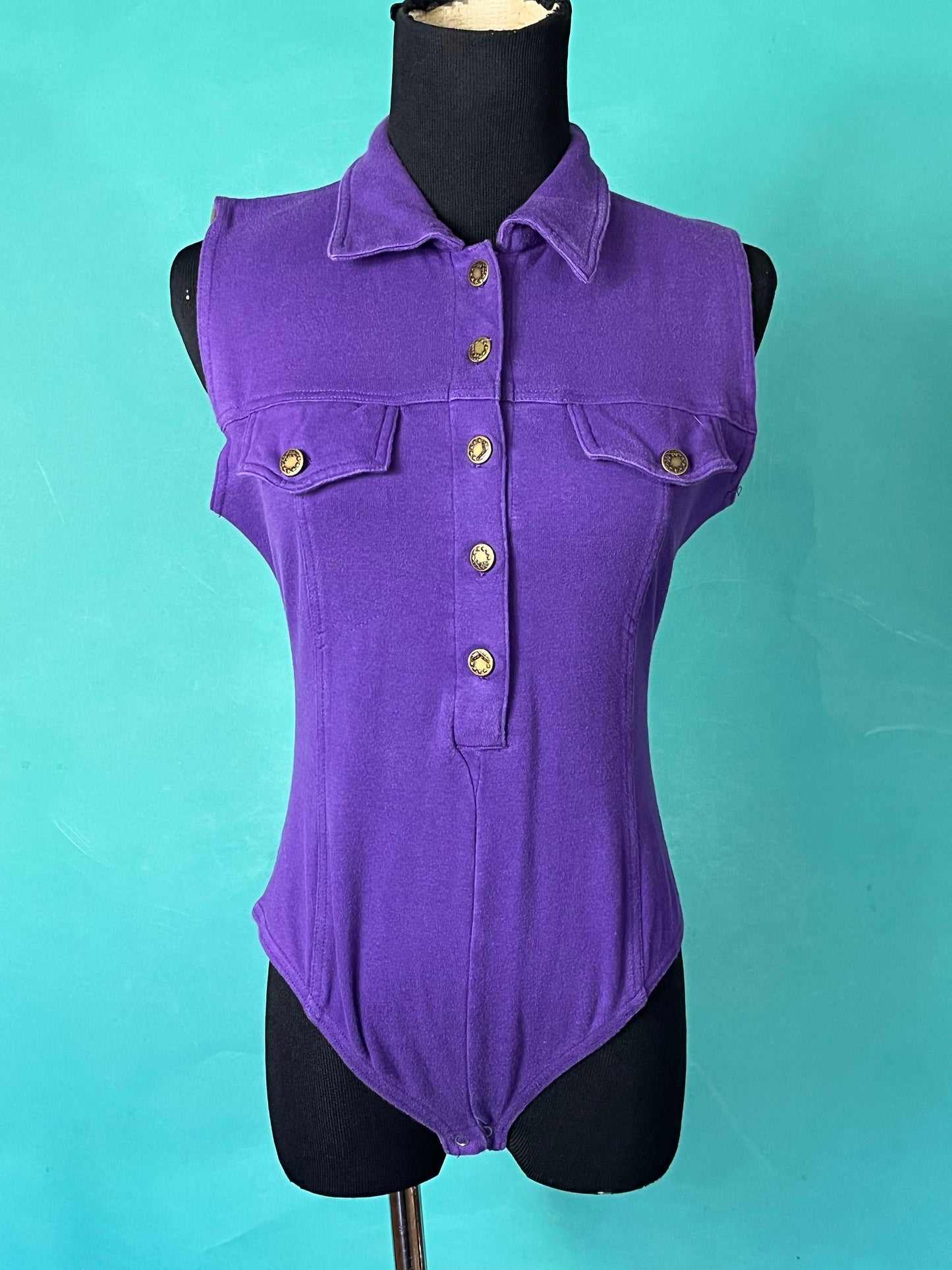 Vintage 90s Eggplant Purple Collared Front Pocket Button Up Sleeveless Cherry Stix Limited Bodysuit size Large