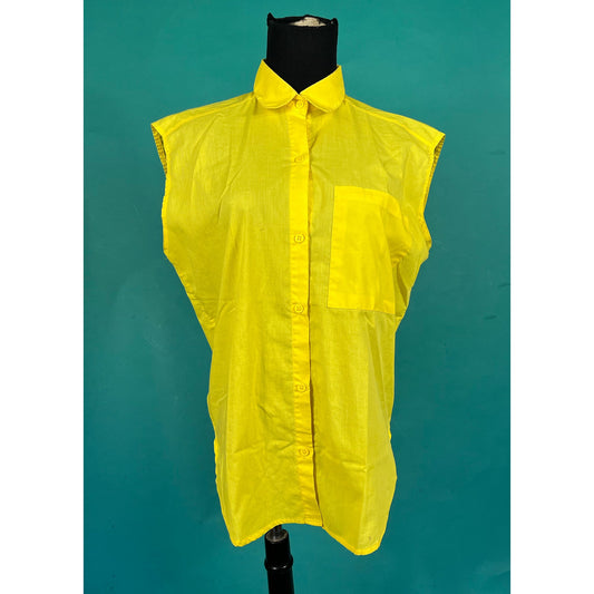 Vintage 80s Sunshine Yellow Pocketed Collared Cutout Back Button Up Tippy Tops Sleeveless Blouse size Large