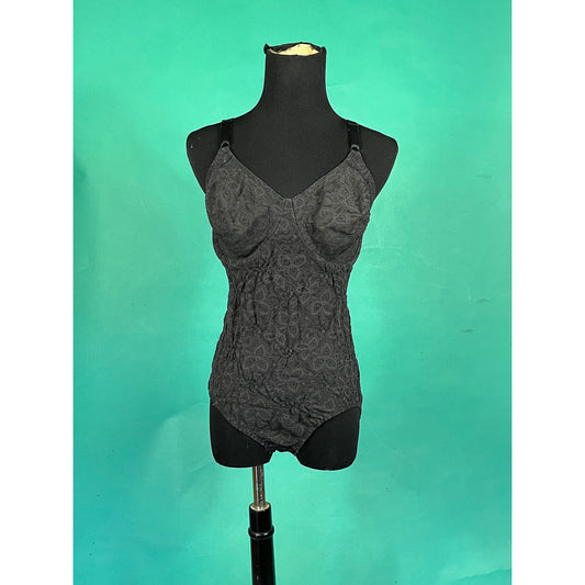Vintage 80s Black Floral Lace One Piece Bali Busiter 40C Snap Lingerie Bodysuit size Small