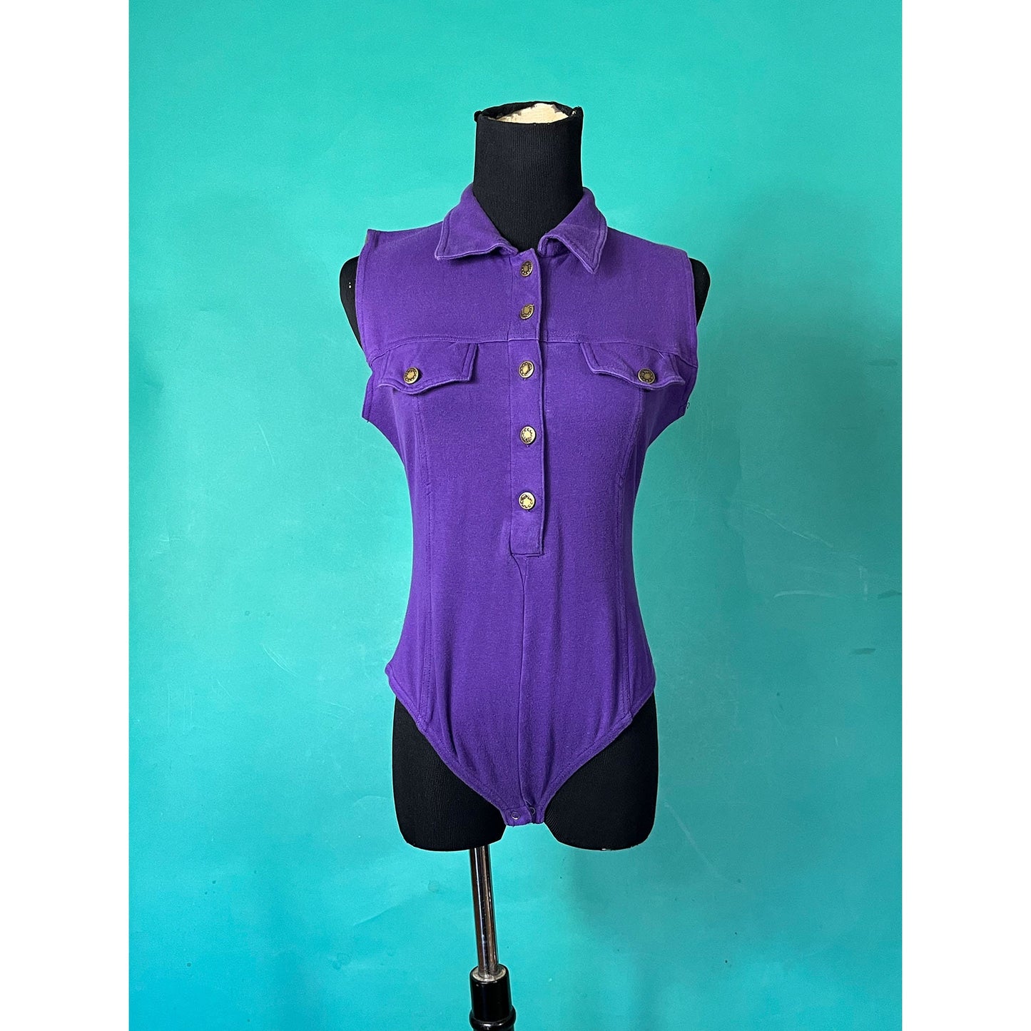 Vintage 90s Eggplant Purple Collared Front Pocket Button Up Sleeveless Cherry Stix Limited Bodysuit size Large