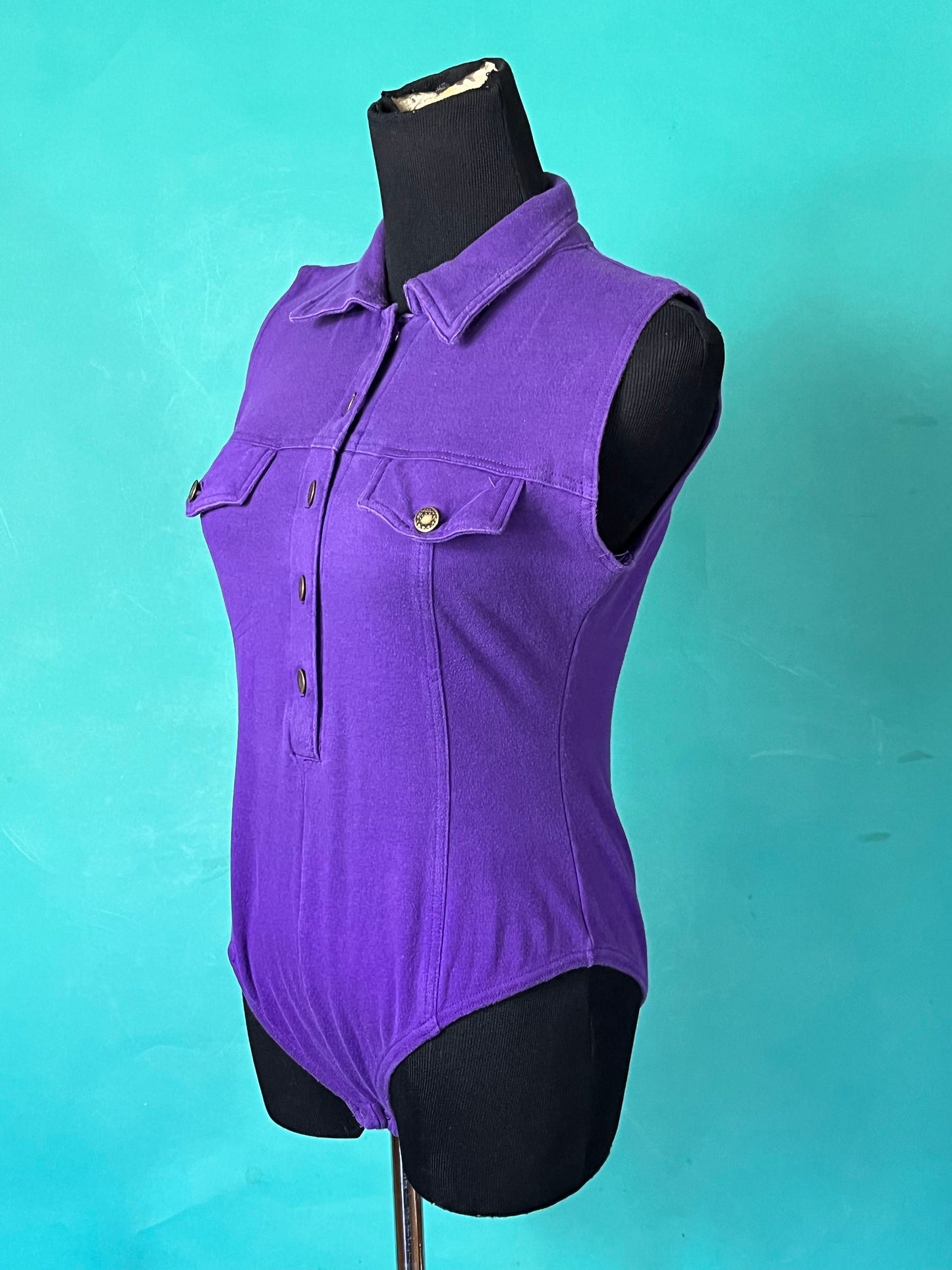 Vintage 90s Eggplant Purple Collared Front Pocket Button Up Sleeveless Cherry Stix Limited Bodysuit size Large