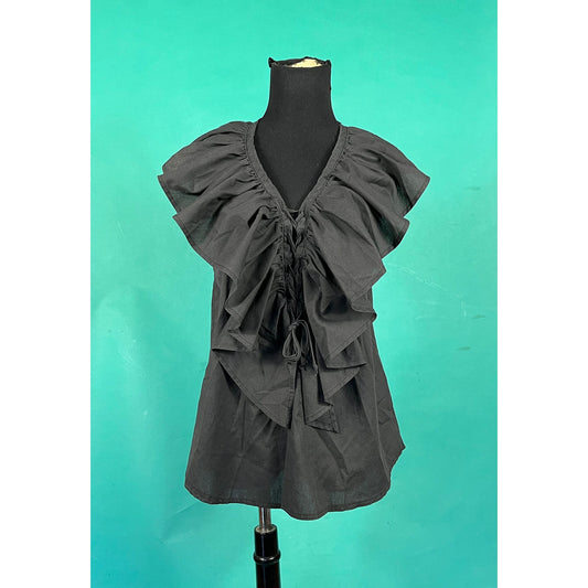 Vintage 80s Circle T Black Ruffled Collar Lace Up Corset Halter Summer Tank Top size Large