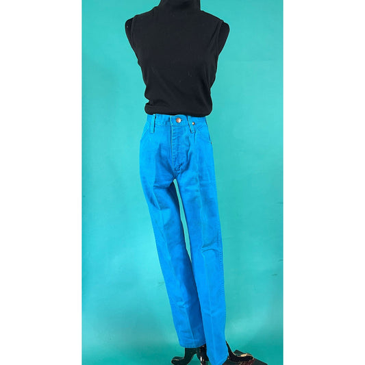 Vintage 70s Wrangler High Rise Cyan Blue Slim Fit Straight Leg Denim Jeans size 9 waist 26