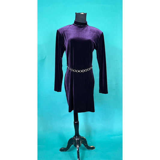 Vintage 90s Eggplant Purple Long Sleeve Turtleneck Velvet Chain Belt Bodycon Scarlett Mini Dress size 7