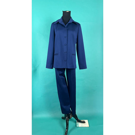 Vintage 70s Navy Polyester Button Up Collared Joe Frank of Houston Pantsuit