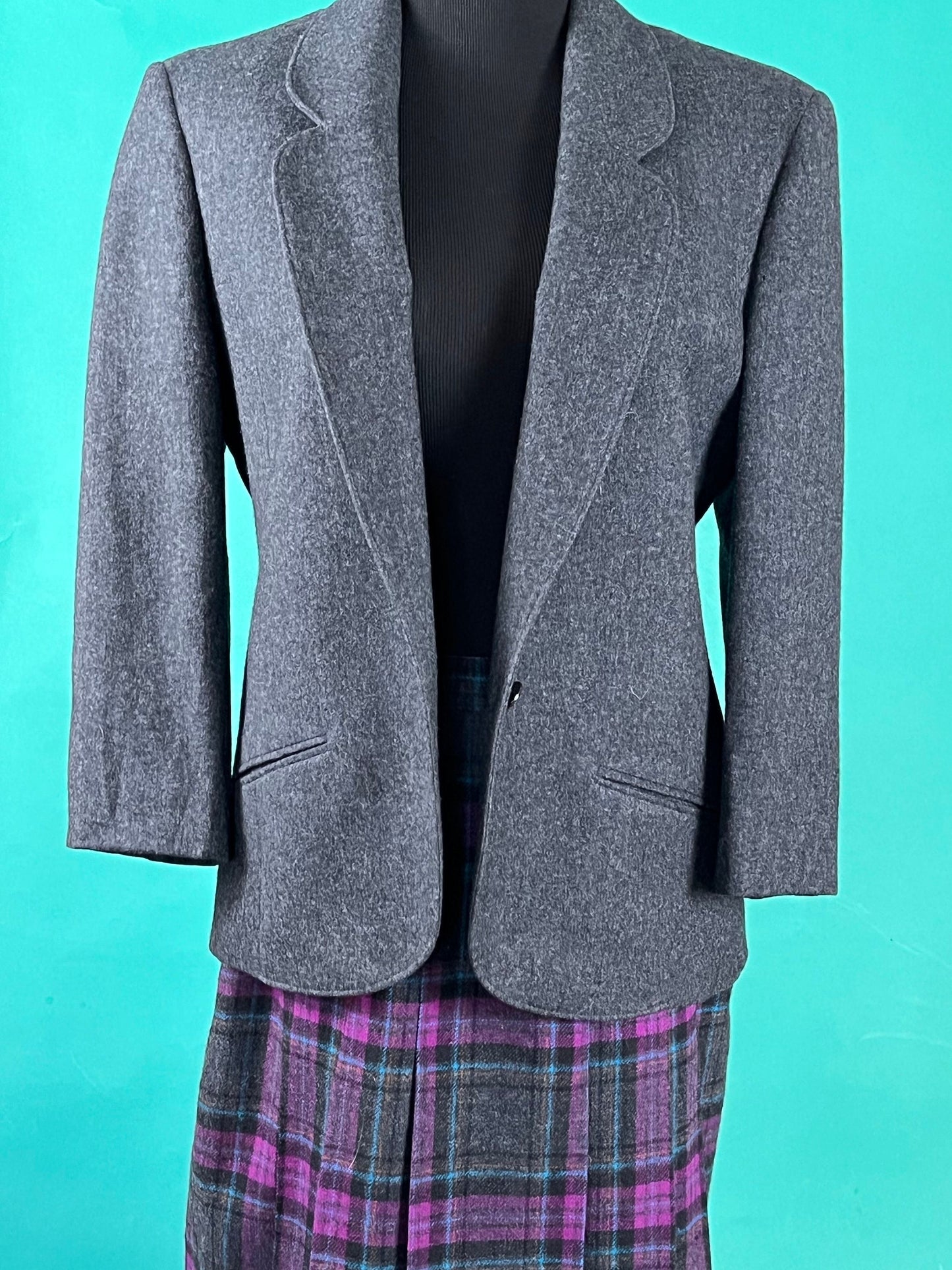 Vintage 70s Miss Pendleton Gray and Purple Two Piece Blazer Pleated Wool Skirt Set Outfit size 10