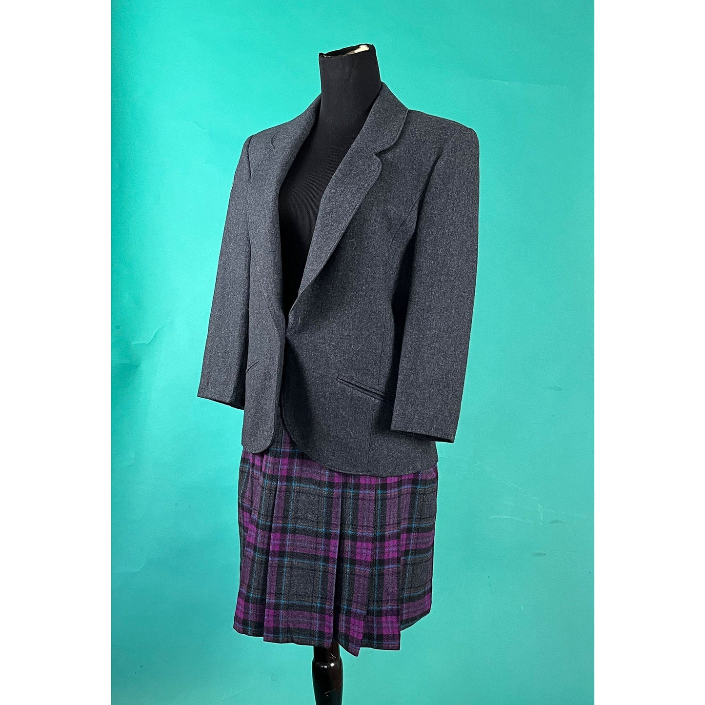 Vintage 70s Miss Pendleton Gray and Purple Two Piece Blazer Pleated Wool Skirt Set Outfit size 10