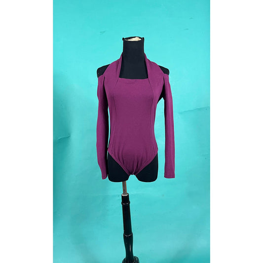 Vintage 90s Magenta Purple Halter Off The Shoulder Long Sleeve Cut Out Fitted Bodywear Bodysuit size Large