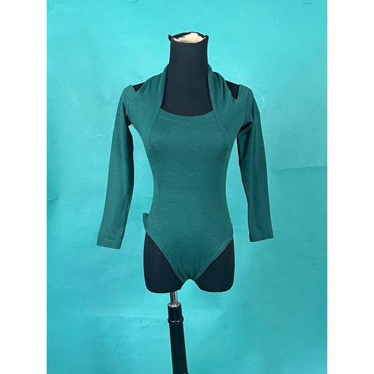 Vintage 90s Forest Green Halter Off the Shoulder Long Sleeve Bodywear Fitted Snap Bodysuit size Medium