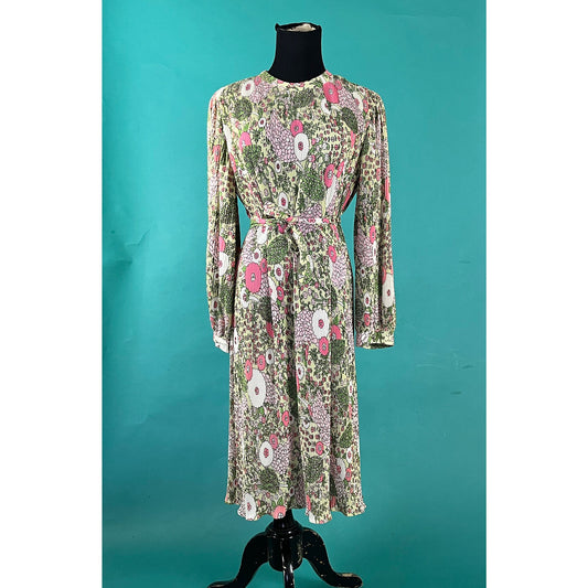 Vintage 60s Bright Pastel Flower Accordion Pleat High Collar Bishop Sleeve Knee Length Dress size Large