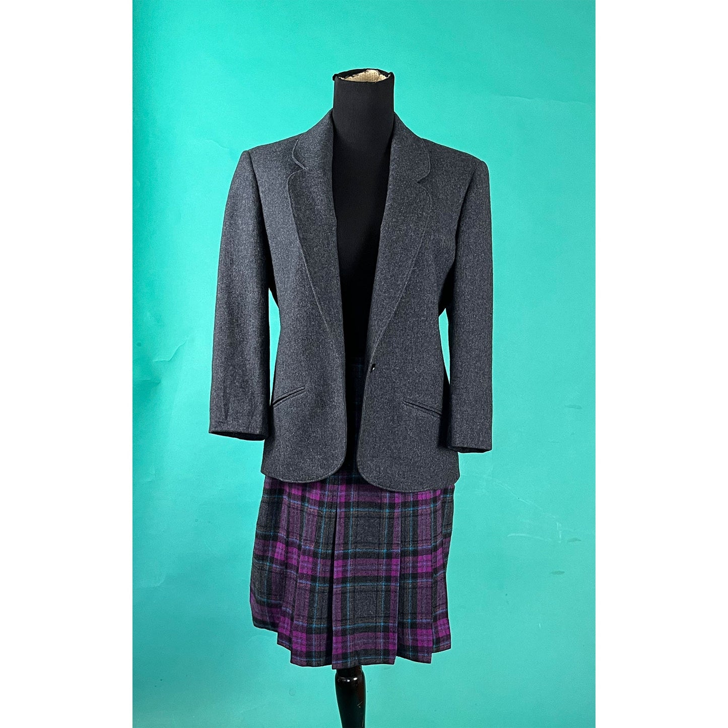 Vintage 70s Miss Pendleton Gray and Purple Two Piece Blazer Pleated Wool Skirt Set Outfit size 10