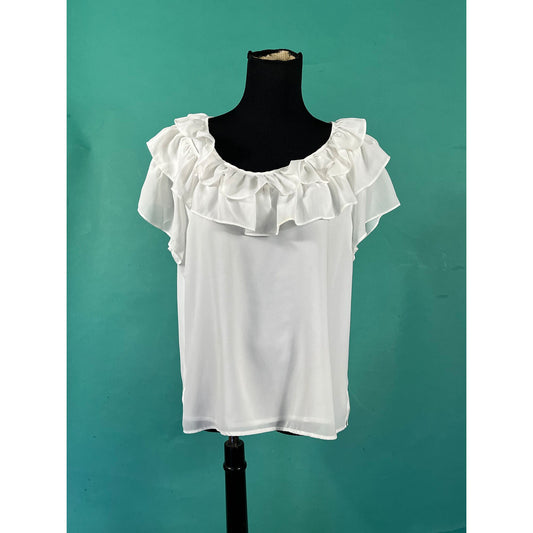 Vintage 90s White Tiered Ruffle Boatneck Collar Short Sleeve Linea by Louis Dell’Olio Blouse size Large