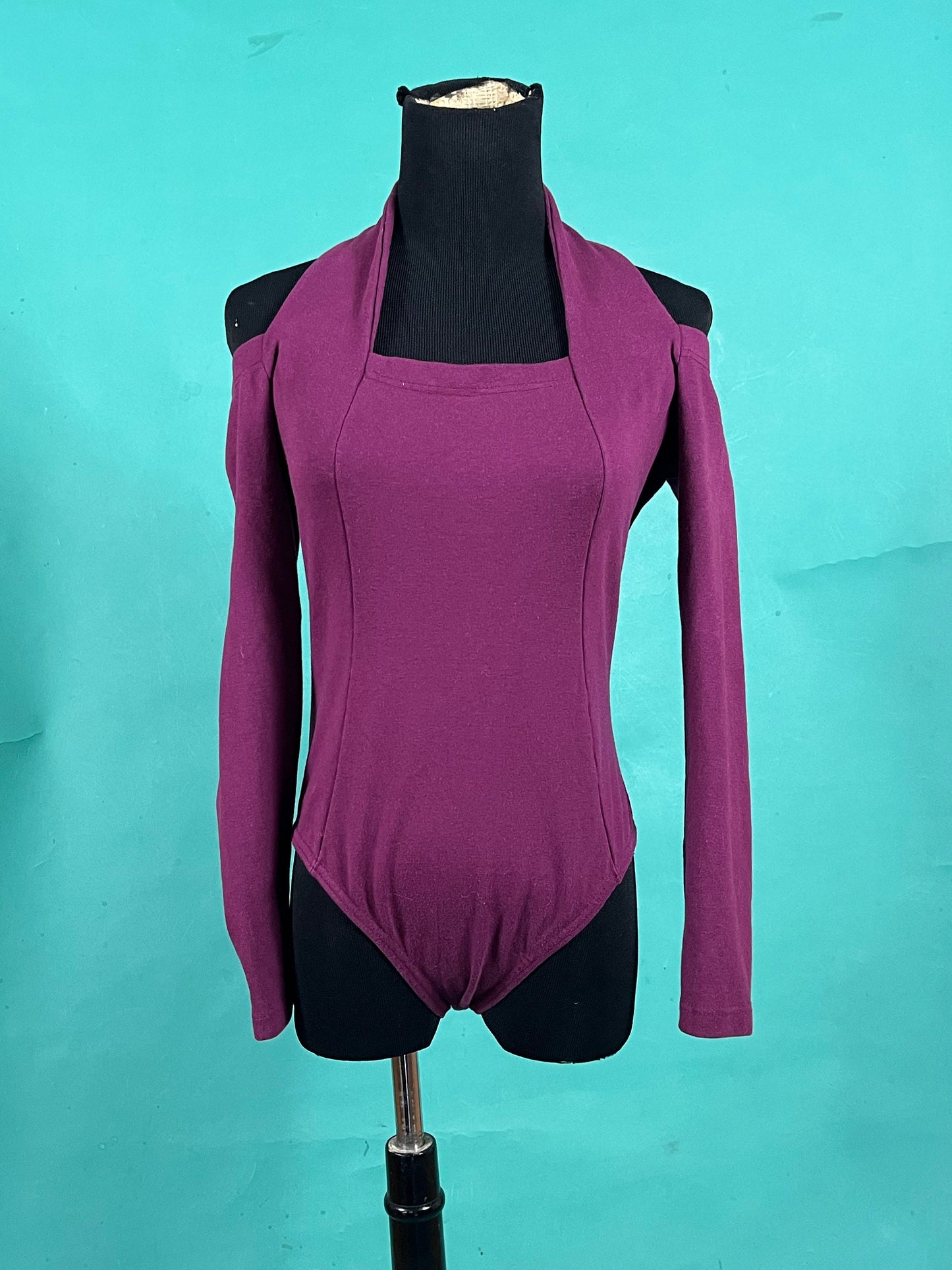 Vintage 90s Magenta Purple Halter Off The Shoulder Long Sleeve Cut Out Fitted Bodywear Bodysuit size Large