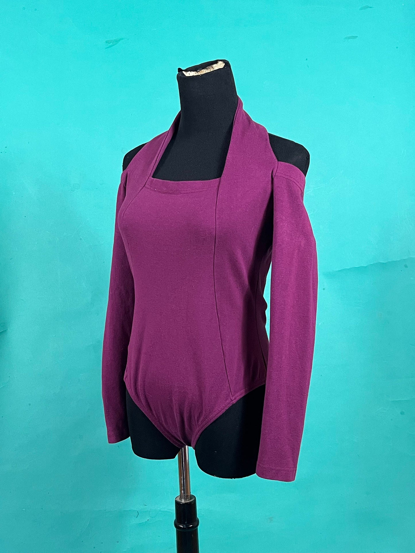 Vintage 90s Magenta Purple Halter Off The Shoulder Long Sleeve Cut Out Fitted Bodywear Bodysuit size Large