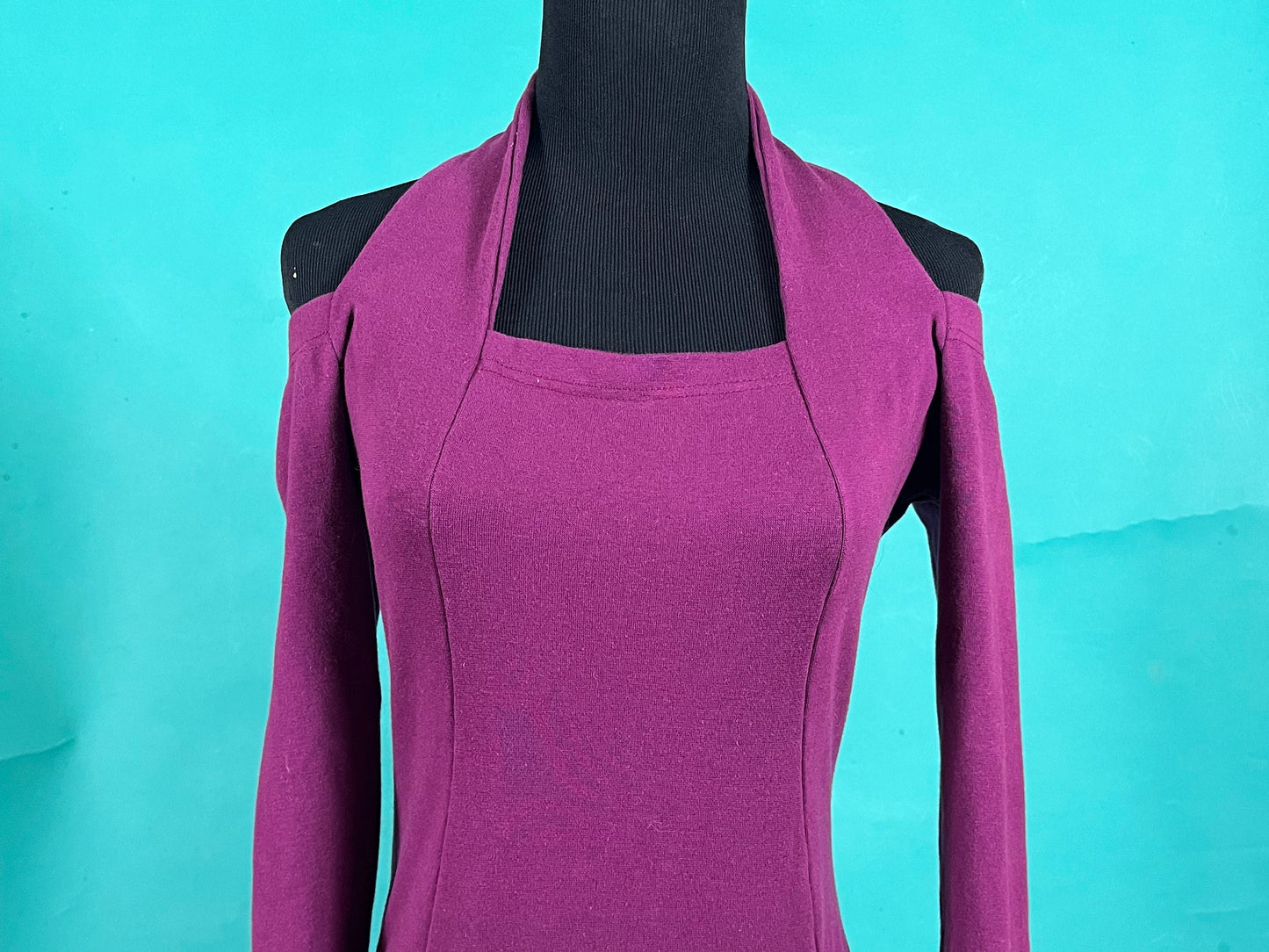 Vintage 90s Magenta Purple Halter Off The Shoulder Long Sleeve Cut Out Fitted Bodywear Bodysuit size Large