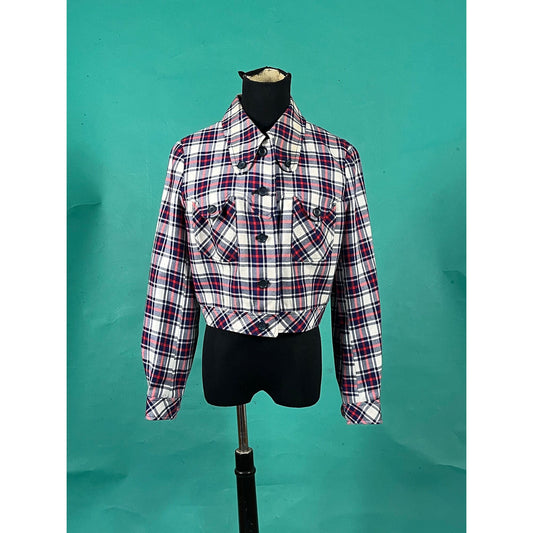 Vintage 50s Tartan Plaid Western Pocketed Boru Bolero Crop Button Up Jacket size Small