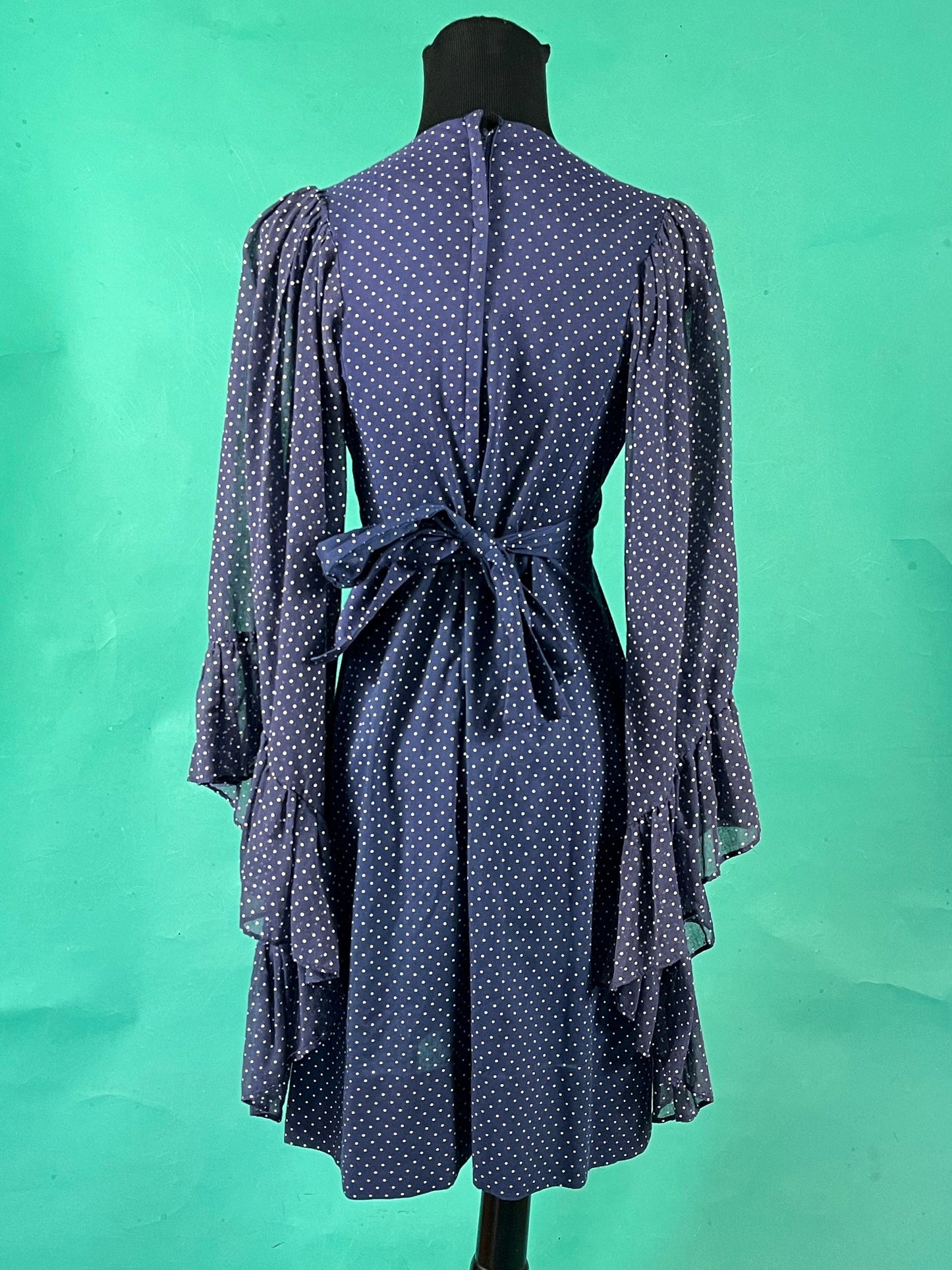 Vintage 70s Navy Polka Dot Ruffled Cuff Angel Sleeve V Neck Empire Waist Tie Union Made Dress size 7