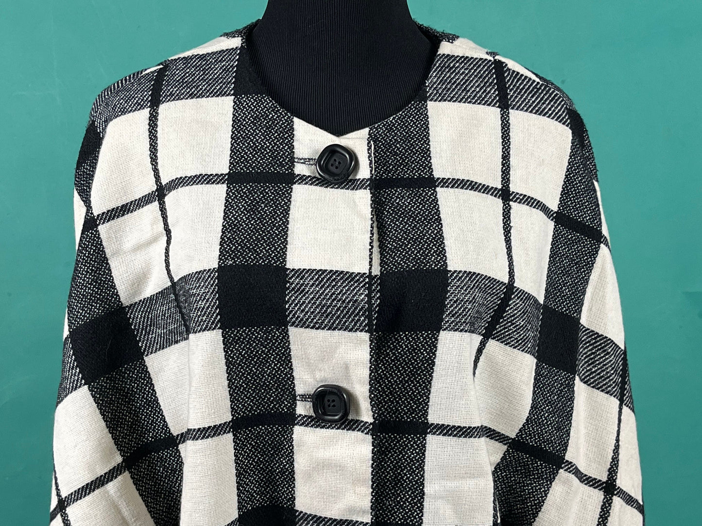 Vintage 50s Big Plaid Black and White Batwing Button Up Mister Roberts Poncho Coat size Medium