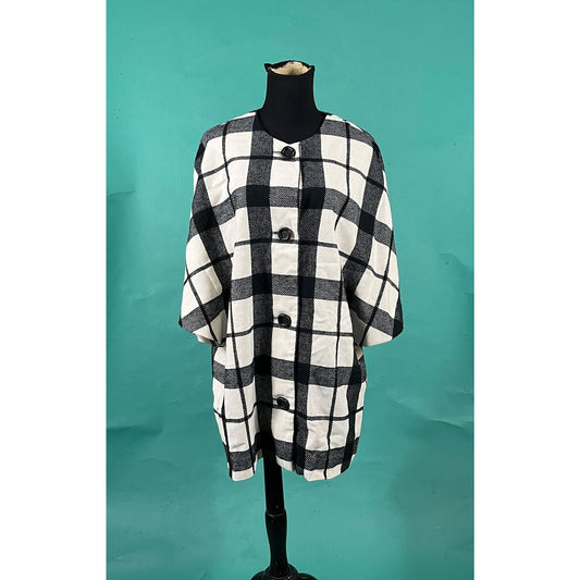 Vintage 50s Big Plaid Black and White Batwing Button Up Mister Roberts Poncho Coat size Medium