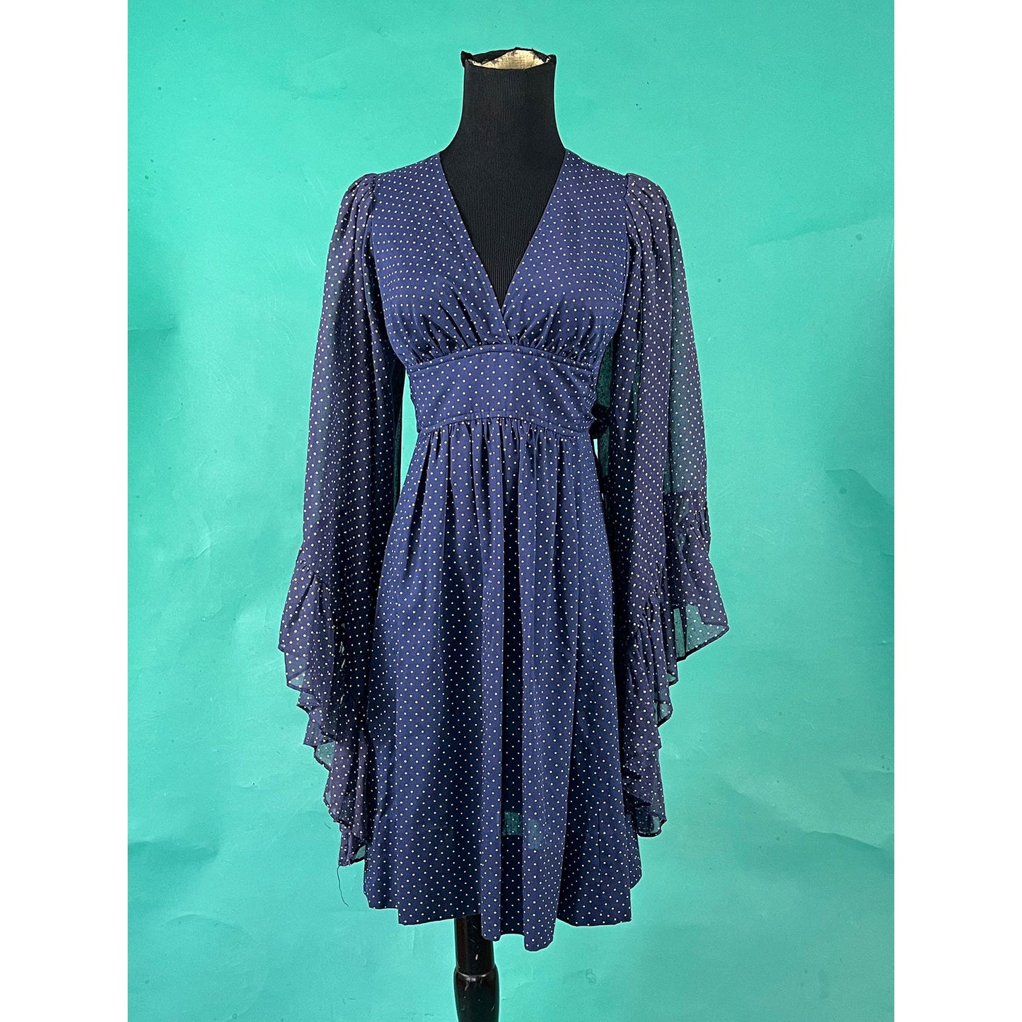 Vintage 70s Navy Polka Dot Ruffled Cuff Angel Sleeve V Neck Empire Waist Tie Union Made Dress size 7