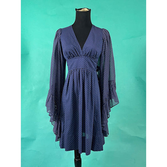 Vintage 70s Navy Polka Dot Ruffled Cuff Angel Sleeve V Neck Empire Waist Tie Union Made Dress size 7