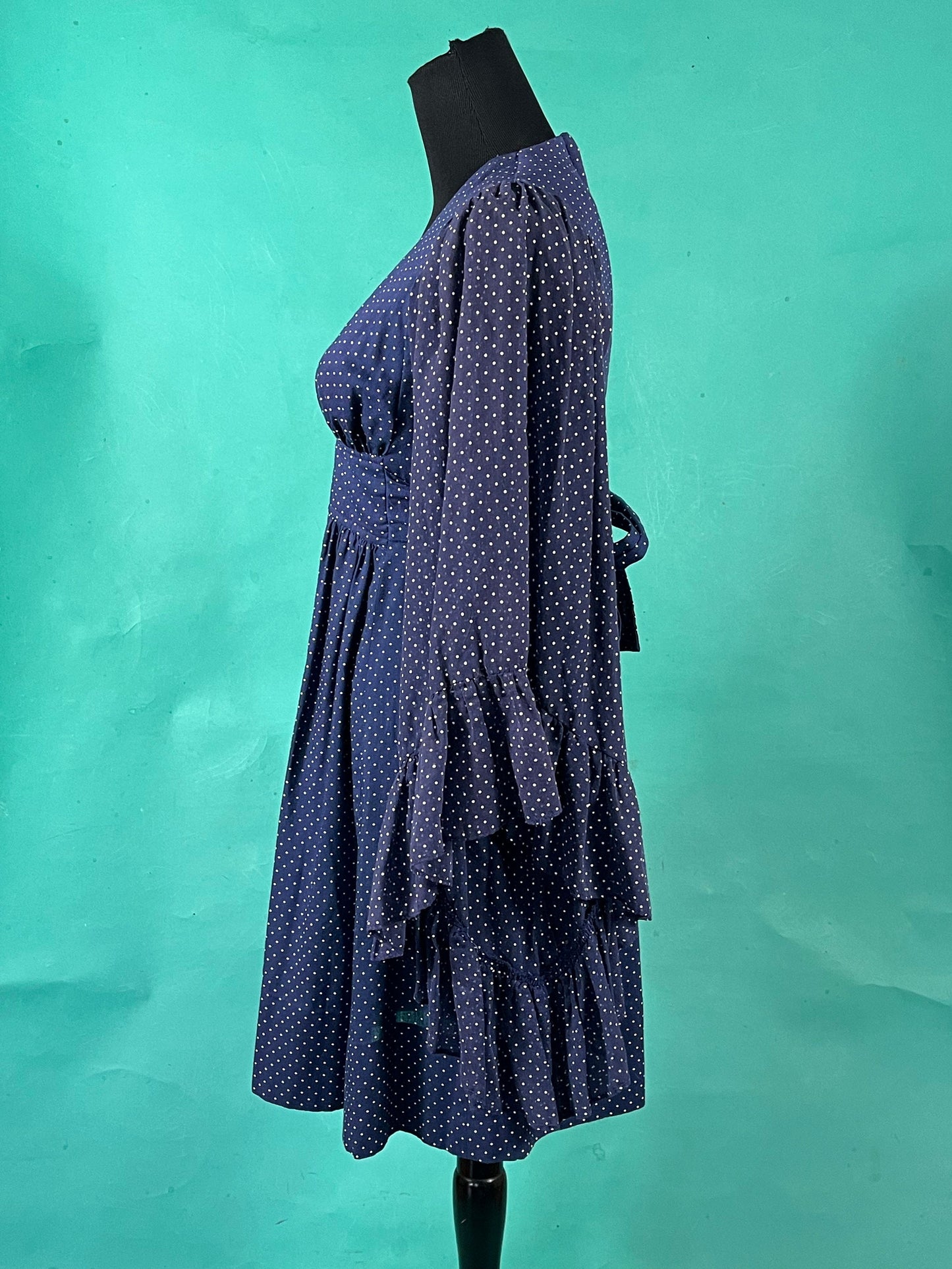 Vintage 70s Navy Polka Dot Ruffled Cuff Angel Sleeve V Neck Empire Waist Tie Union Made Dress size 7