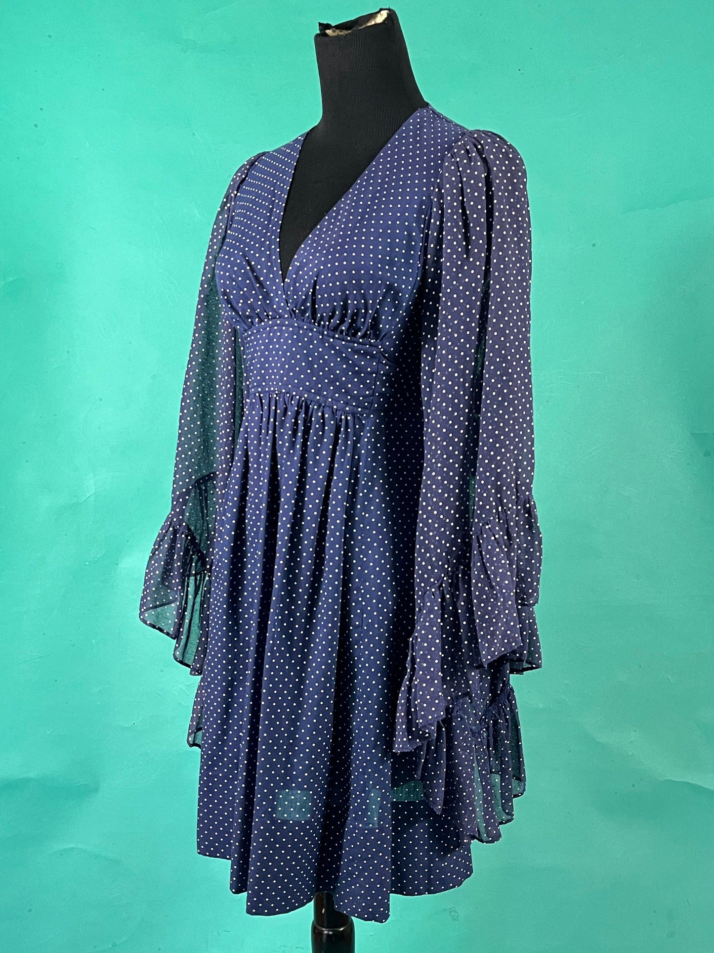 Vintage 70s Navy Polka Dot Ruffled Cuff Angel Sleeve V Neck Empire Waist Tie Union Made Dress size 7