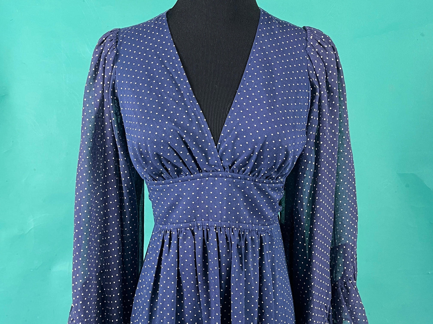 Vintage 70s Navy Polka Dot Ruffled Cuff Angel Sleeve V Neck Empire Waist Tie Union Made Dress size 7