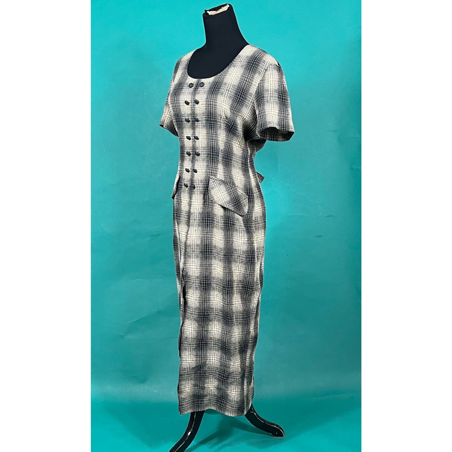 Vintage 90s Dawn Joy Double Breasted U Neck Plaid Slitted Midi Bodycon Dress  size Medium