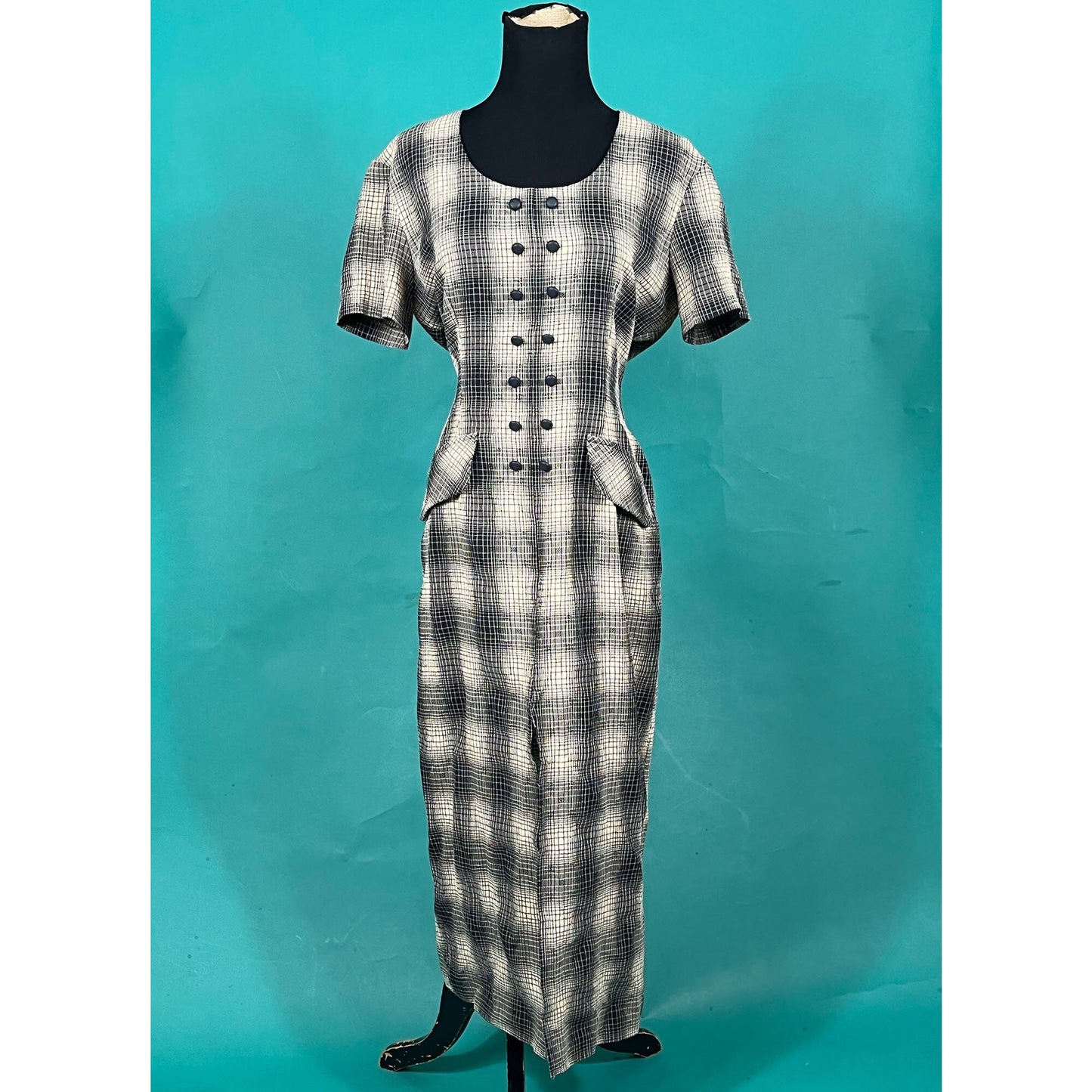 Vintage 90s Dawn Joy Double Breasted U Neck Plaid Slitted Midi Bodycon Dress  size Medium