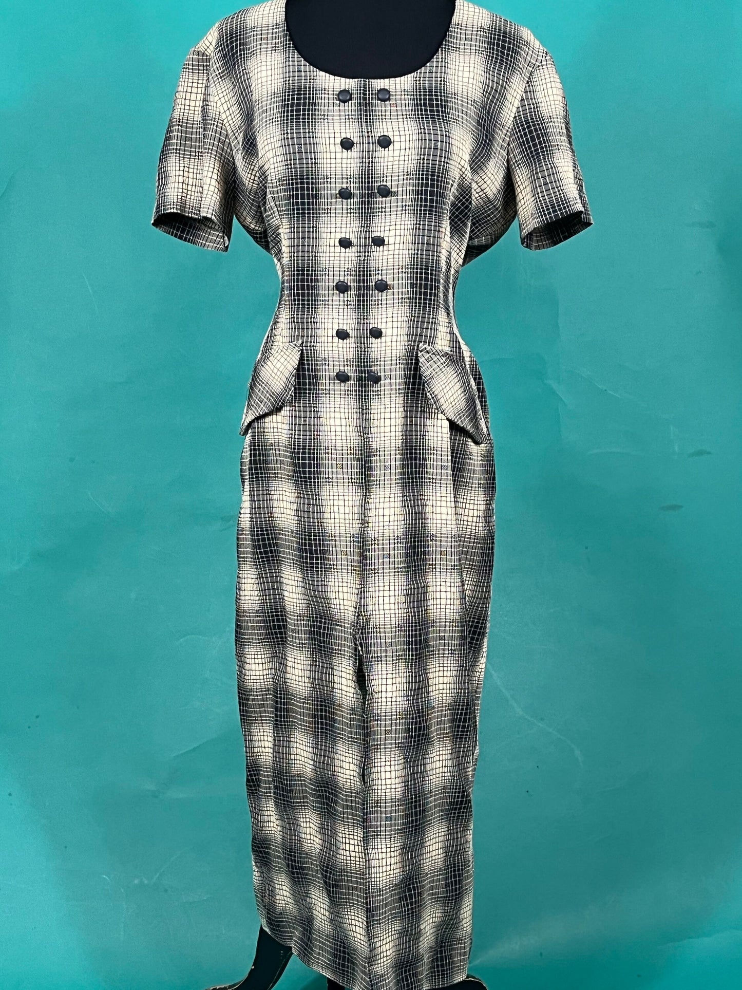 Vintage 90s Dawn Joy Double Breasted U Neck Plaid Slitted Midi Bodycon Dress  size Medium