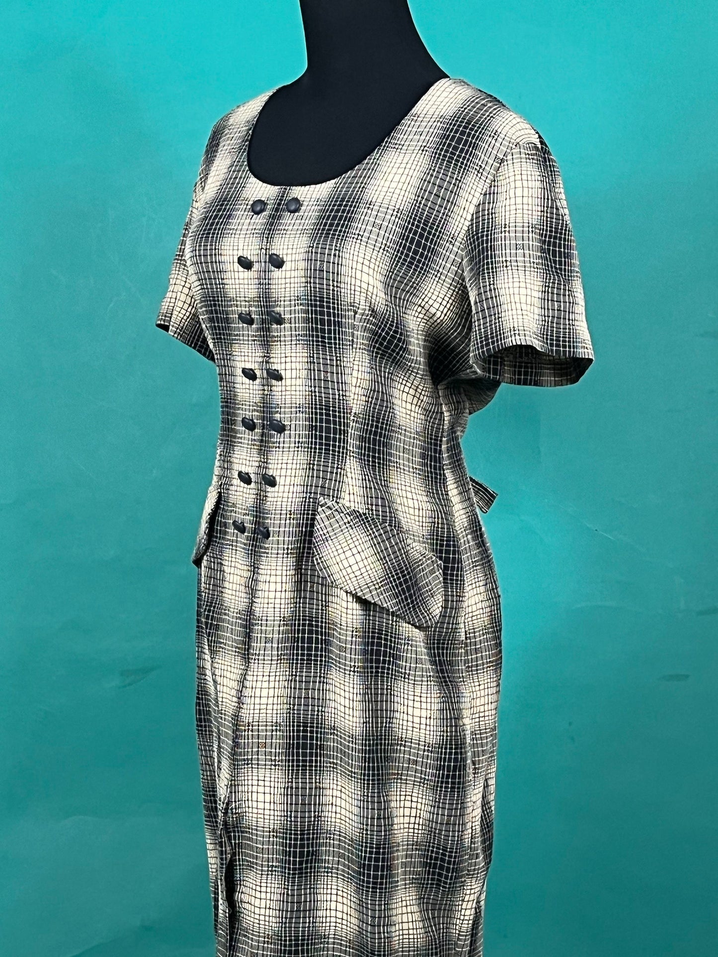 Vintage 90s Dawn Joy Double Breasted U Neck Plaid Slitted Midi Bodycon Dress  size Medium