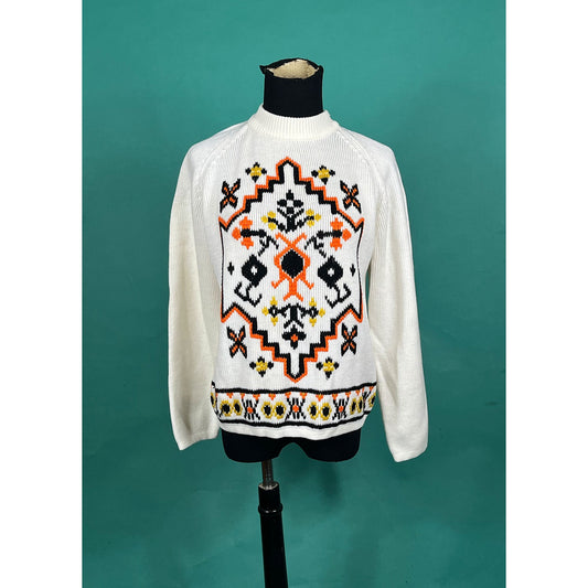 Vintage 70s Miss Holly Knit Mock Fall Abstract Long Sleeve Sweater size Large fits like Small