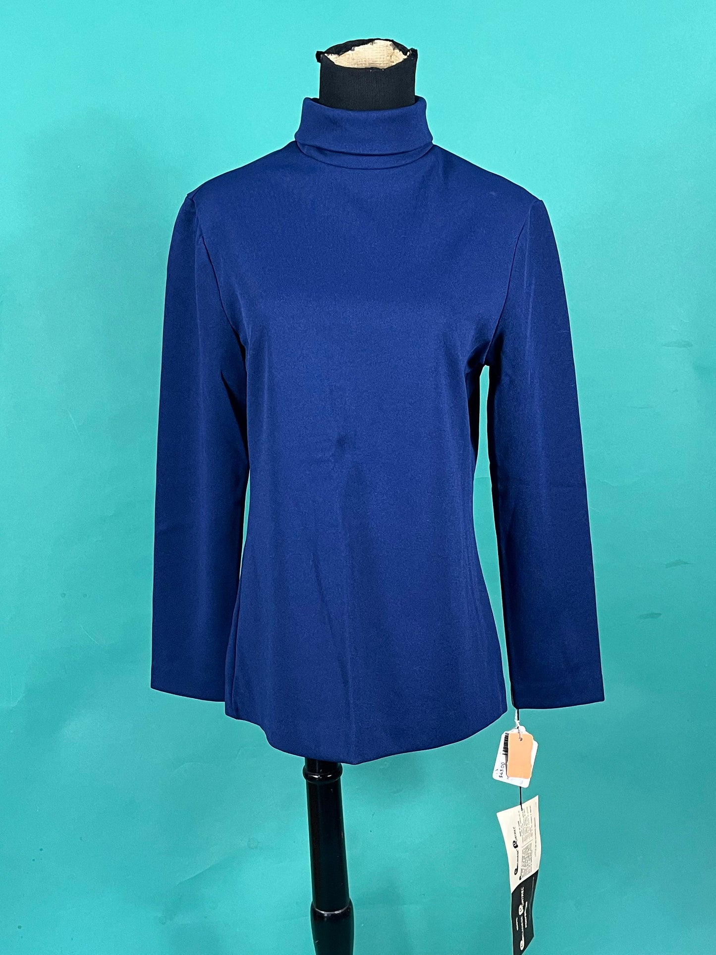 Vintage 70s Navy Polyester Russ Long Sleeve Deadstock Turtleneck Top size 14